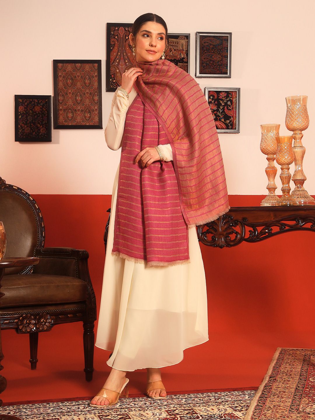 Dhiyona PA Striped Woven Design Mirage Fine Woollen Reversible Shawl