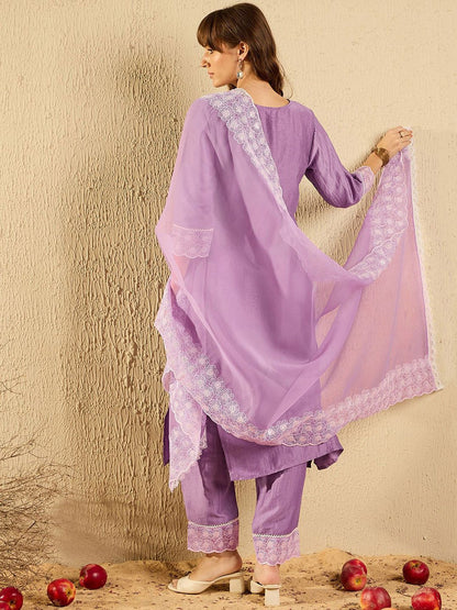 Floral Embroidered Straight Kurta With Trousers & Dupatta