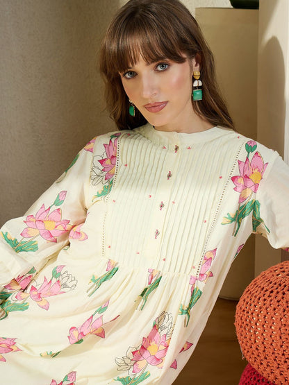 Women Floral Printed Pleated Pure Cotton Kurta with Trousers
