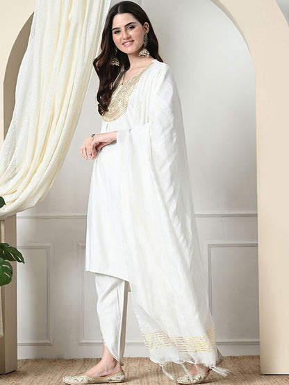 Dhiyona SN Women's Sequinned V-Neck A-Line Kurta With Dhoti Pants & Dupatta