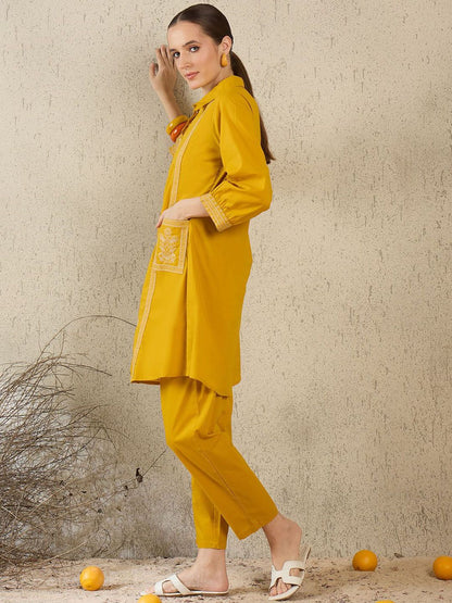 Dhiyona IE Women Embroidered Shirt Collar Cotton Top and Trousers Co-Ords