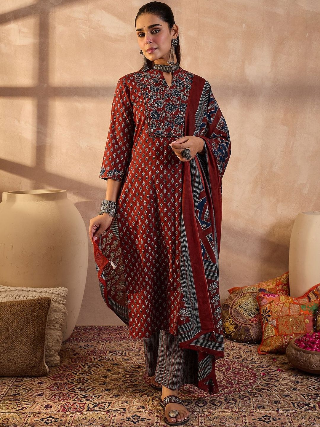 Women Ethnic Motifs Printed Cotton Kurta with Trousers & Dupatta