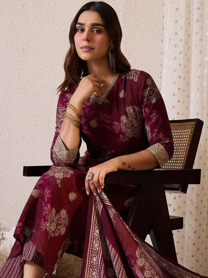 Women Floral Printed Regular Chanderi Silk Kurta with Trousers & With Dupatta