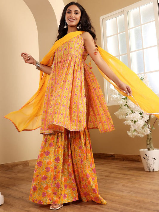 Dhiyona VA Women'sFloral Printed A-Line Kurta With Sharara And Dupatta