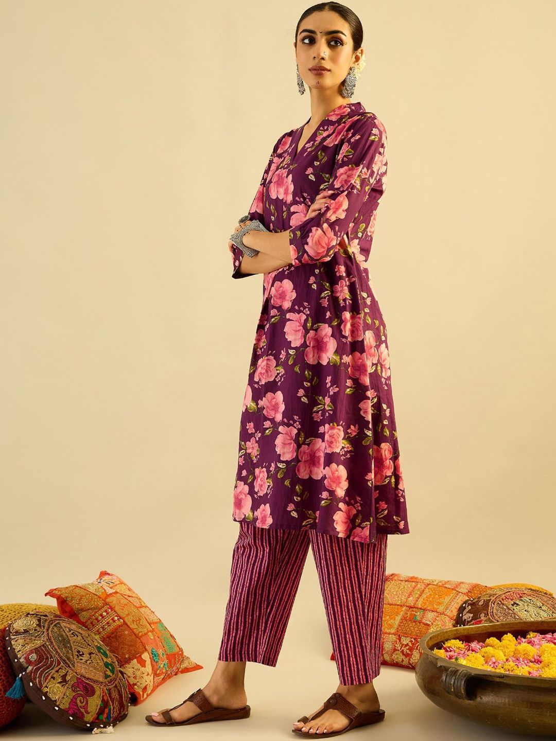 Floral Printed Pure Cotton Kurta With Trousers