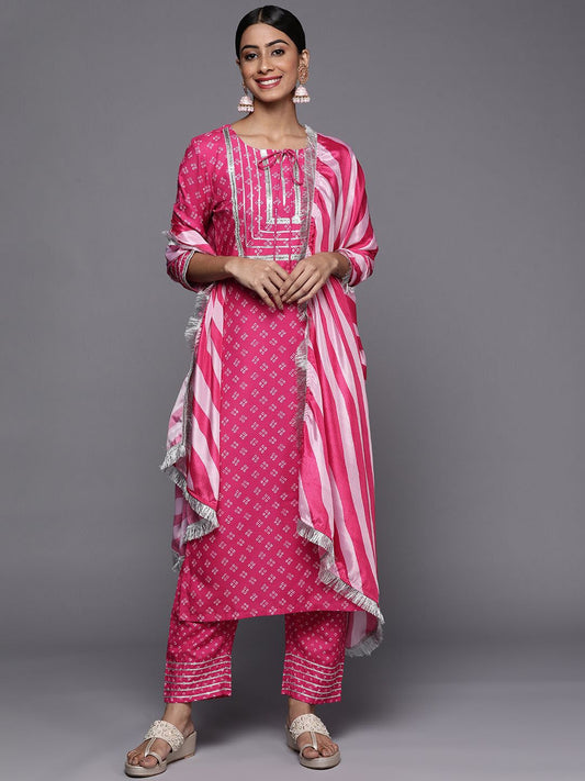 Dhiyona VA Women's Bandhani Printed Regular Thread Work Kurta with Trousers & With Dupatta