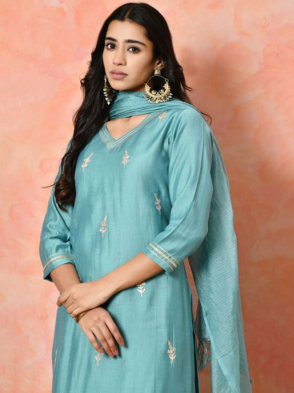 Dhiyona SN Women's Solid Embroidered Kurta with Trousers & Dupatta