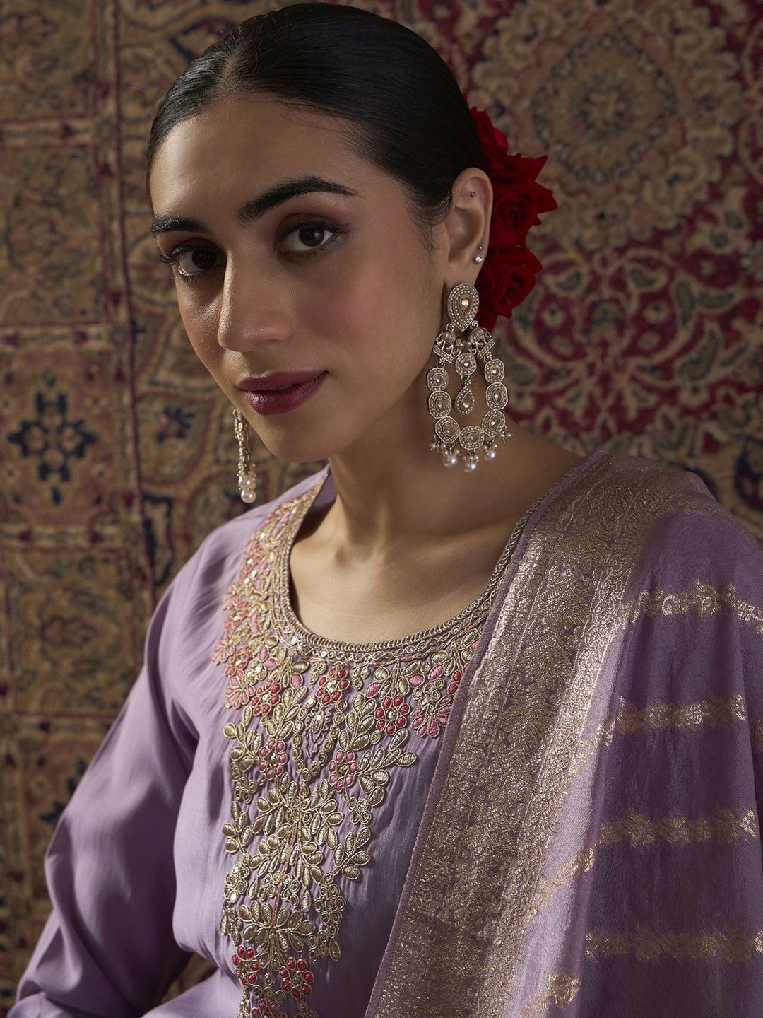 Dhiyona IE Ethnic Motifs Embroidered Thread Work Straight Kurta With Trousers & Dupatta