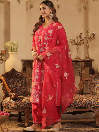 Women Floral Embroidered Regular Sequinned Kurta with Trousers & With Dupatta