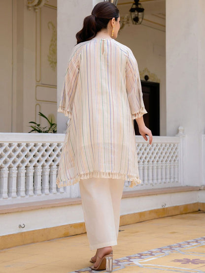 Dhiyona IE Floral Embroidered Round Neck A-Line Pure Cotton Kurta With Palazzos