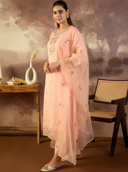 Ethnic Motifs Embroidered Regular Sequinned Kurta With Trousers & Dupatta