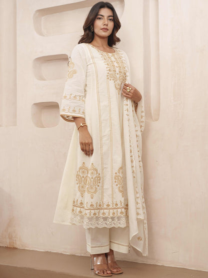 Dhiyona PD Women Floral Embroidered Pure Cotton Kurta & Trousers With Dupatta