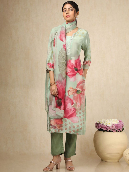 Dhiyona SO Women's Floral Printed Beads And Stones Mandarin Collar Straight Kurta With Trouser & Dupatta