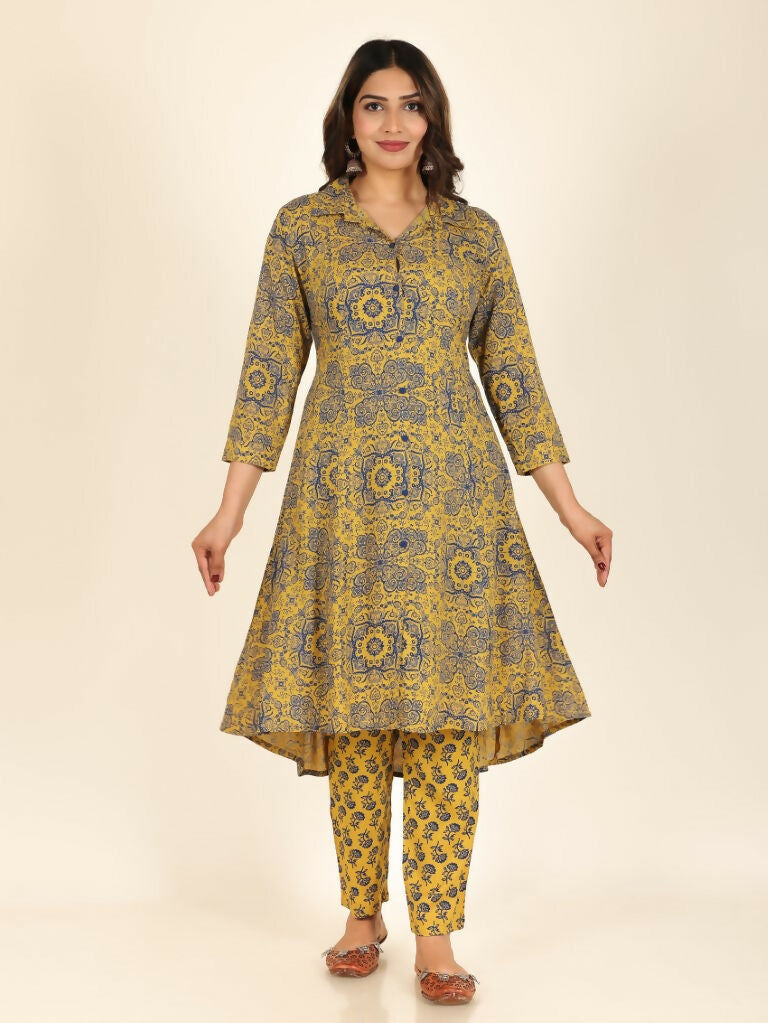 Women's High Low Rayon Geometric Print Women's Kurta - Yellow