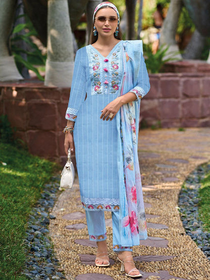 Floral Embroidered Pure Cotton Kurta With Trousers & Dupatta