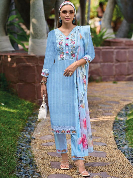Floral Embroidered Pure Cotton Kurta With Trousers & Dupatta