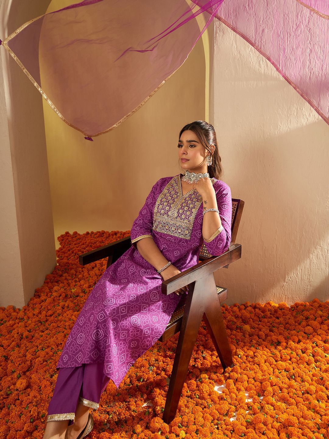 Bandhani Embroidered Sequinned Pure Cotton Straight Kurta With Trousers & Dupatta