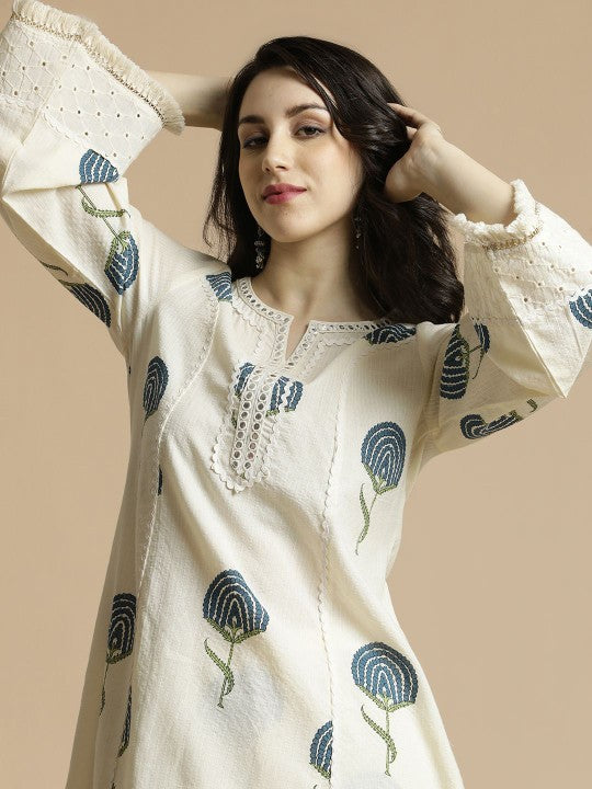 Women's Floral Printed Regular Mirror Work Pure Cotton A-Line Kurta with Palazzos