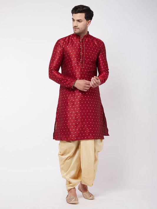 Men's Maroon Silk Blend Straight Kurta and Dhoti Set