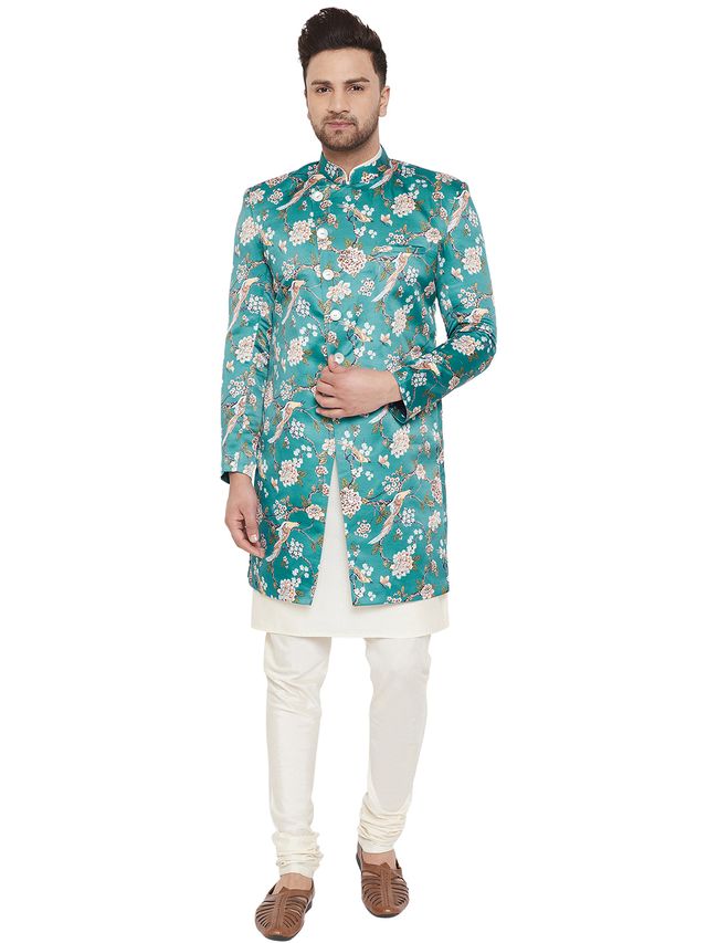 Men's Cream Silk Blend Straight Sherwani Set