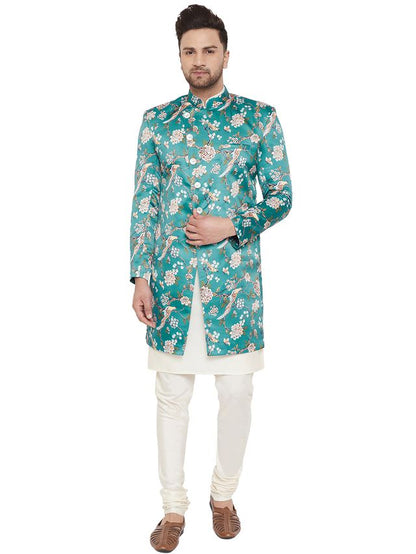 Men's Cream Silk Blend Straight Sherwani Set