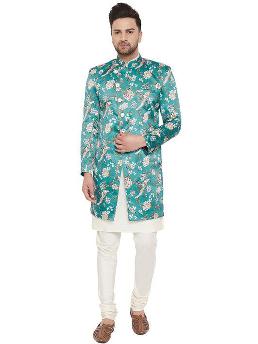 Men's Cream Silk Blend Straight Sherwani Set
