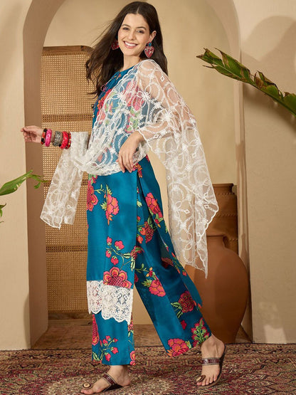 Dhiyona SN Women's Floral Printed Straight Kurta & Palazzo With Dupatta