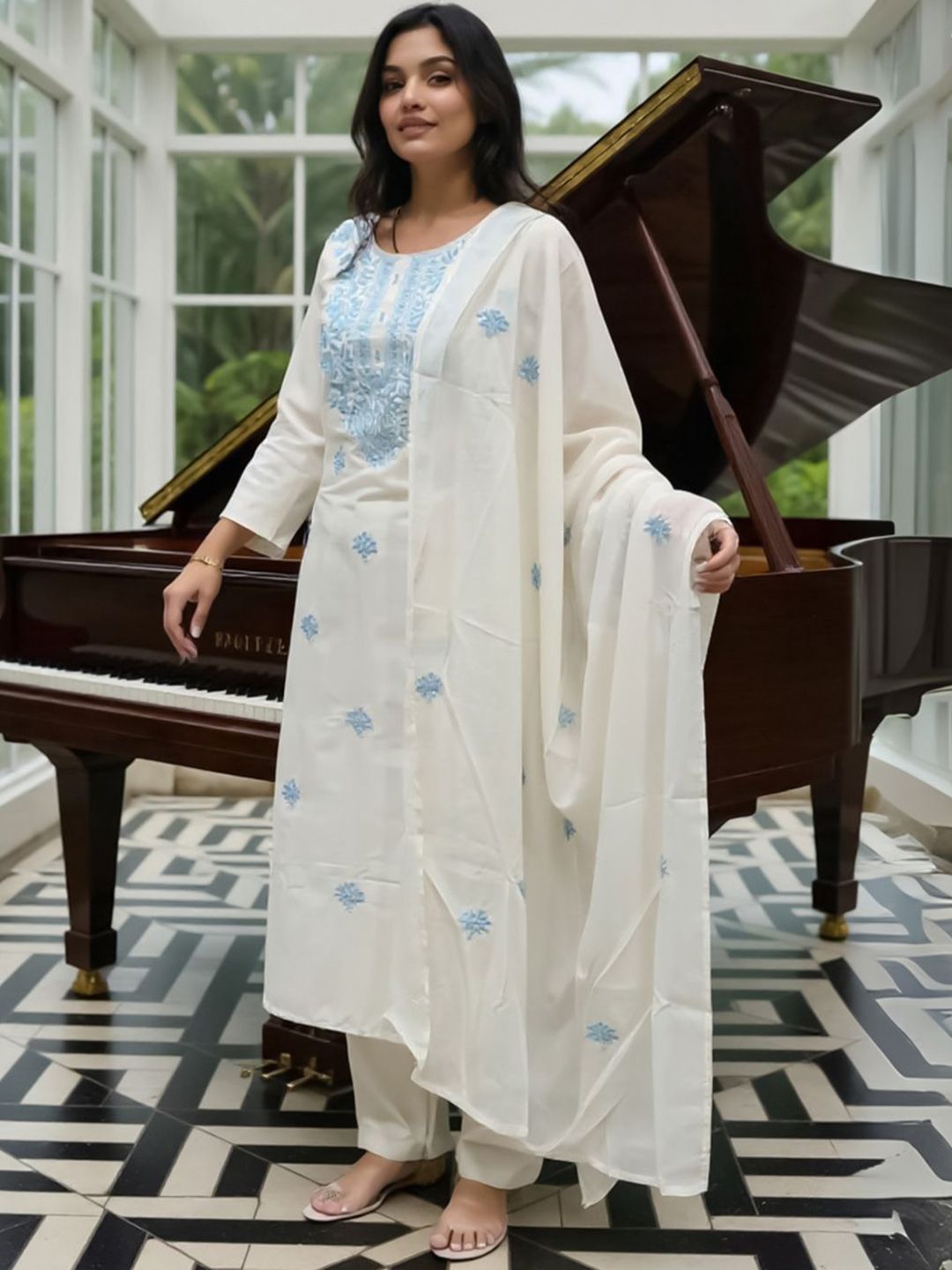 Ethnic Motifs Embroidered Thread Work Pure Cotton Kurta With Trousers & Dupatta