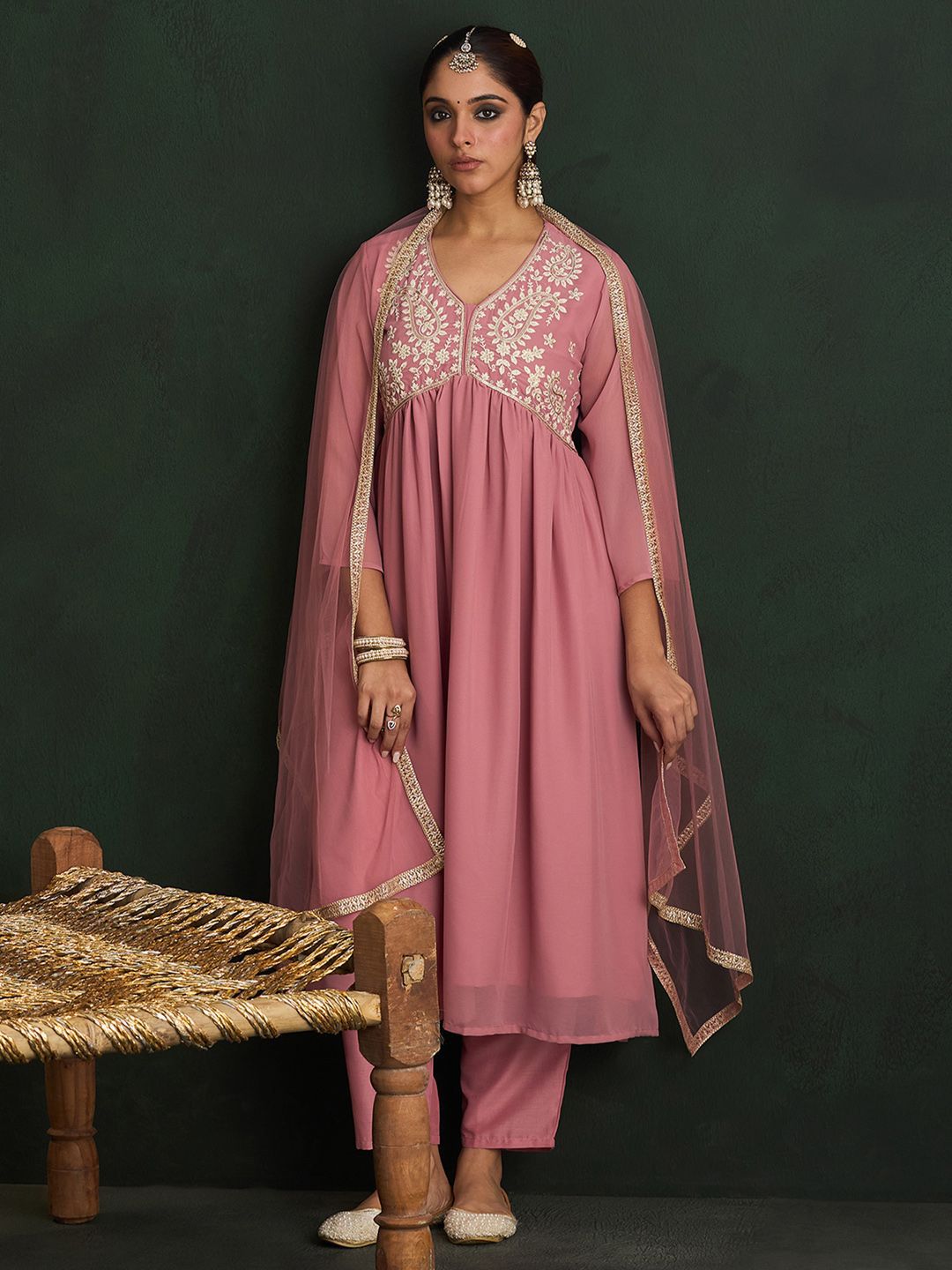 Mauve Paisley Embroidered V-Neck Georgette A-Line Kurta with Trousers & Dupatta