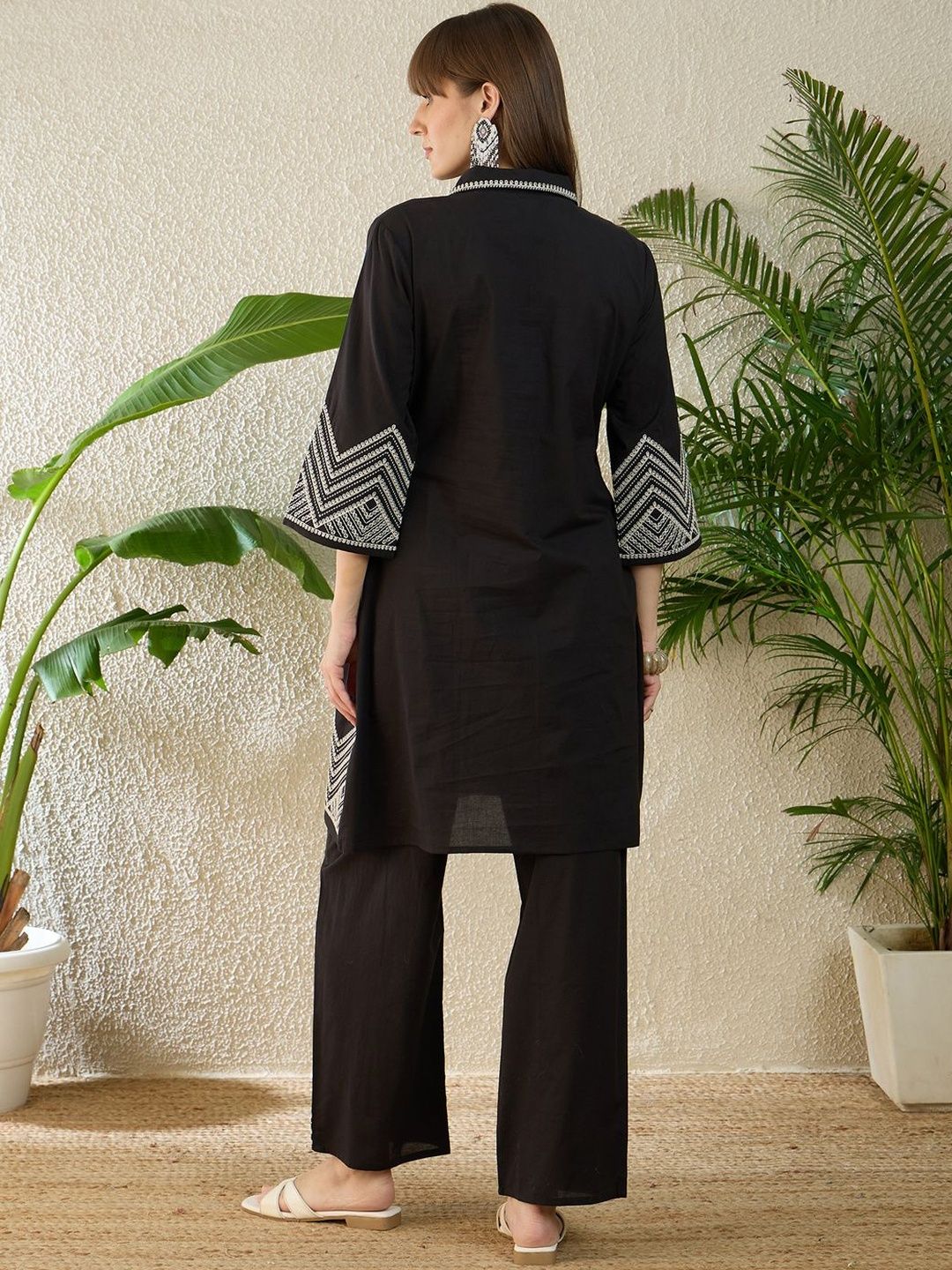 Embroidered Thread Work Pure Cotton A Line Kurta With Trousers