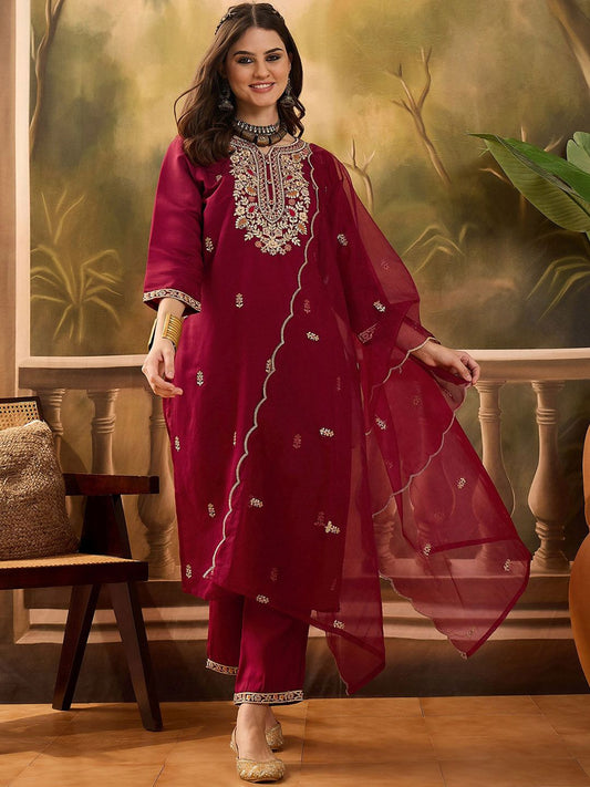Dhiyona SN Women's Floral Embroidered Notch Neck Straight Kurta With Trousers & Dupatta