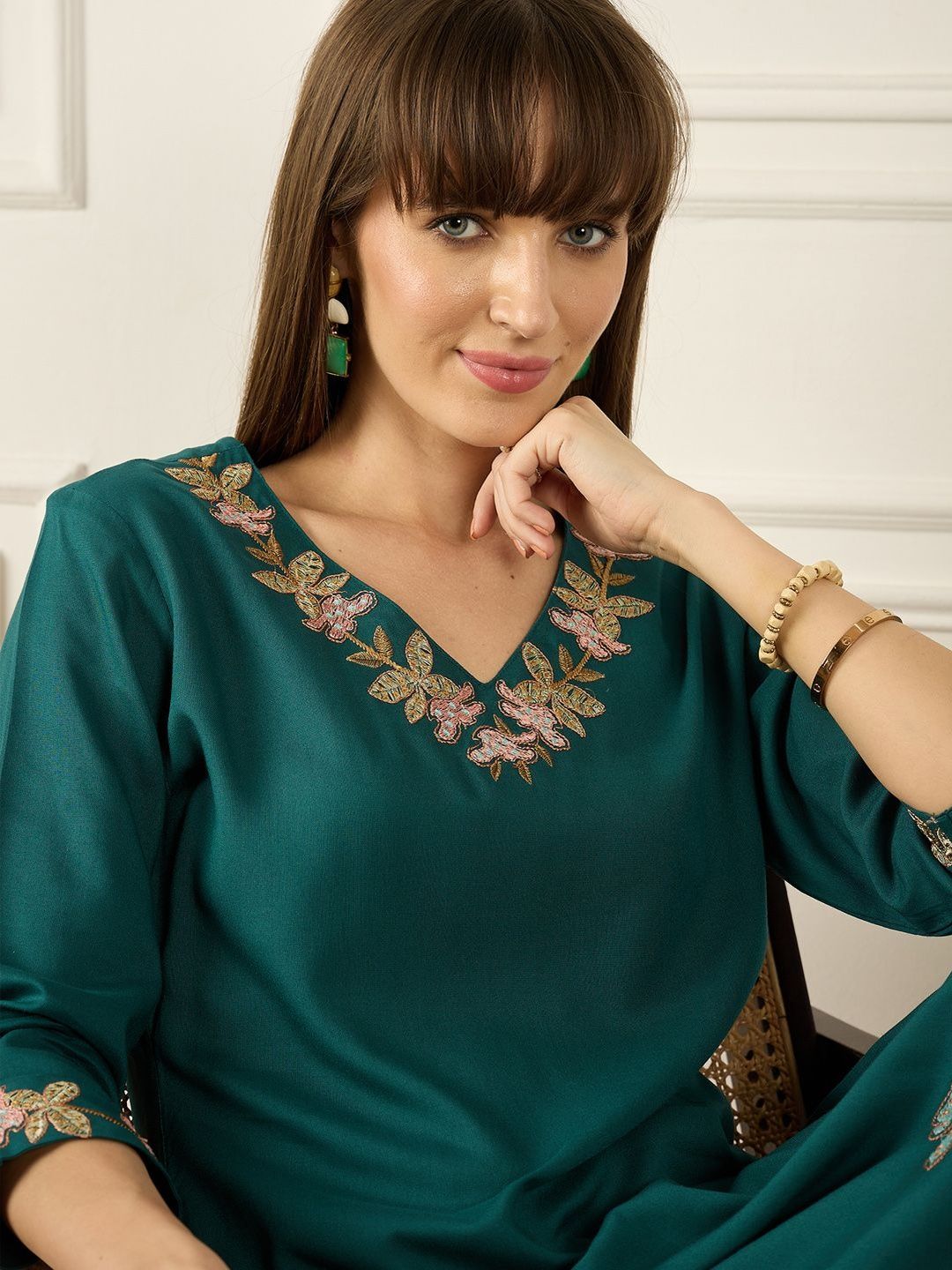 Floral Printed Thread Work Pure Cotton Kurta With Palazzos