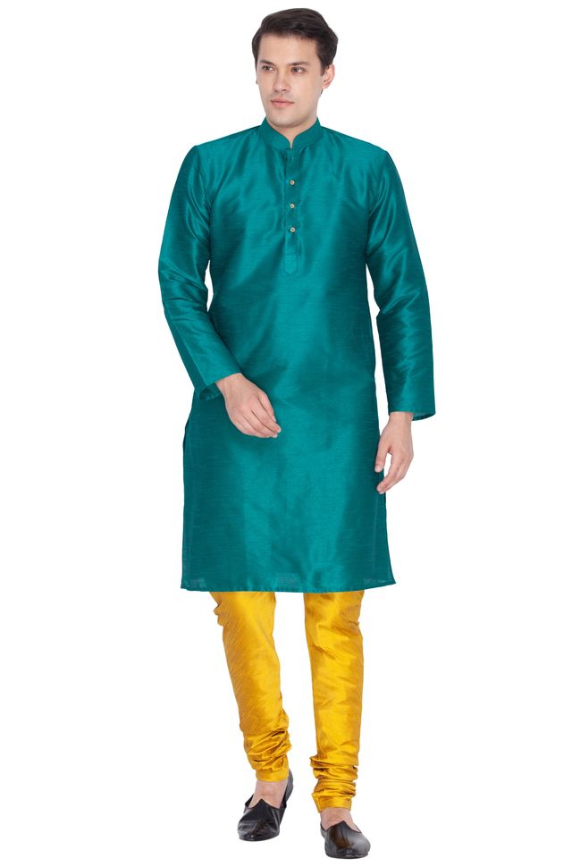 Men's Green Silk Blend Straight Kurta Pyjama Set