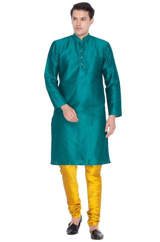 Men's Green Silk Blend Straight Kurta Pyjama Set