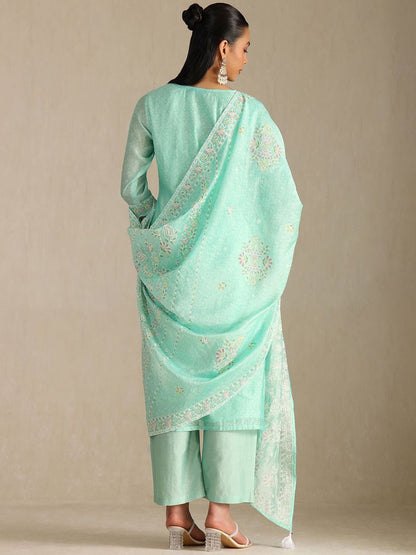 Dhiyona SO Women's Women Printed Regular Thread Work Chanderi Cotton Kurta with Palazzos & With Dupatta