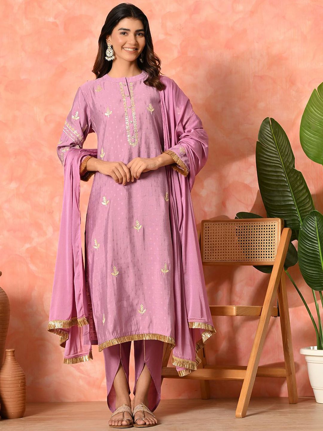 Dhiyona SN Women's Solid Embroidered Kurta with Dhoti Pant & Dupatta