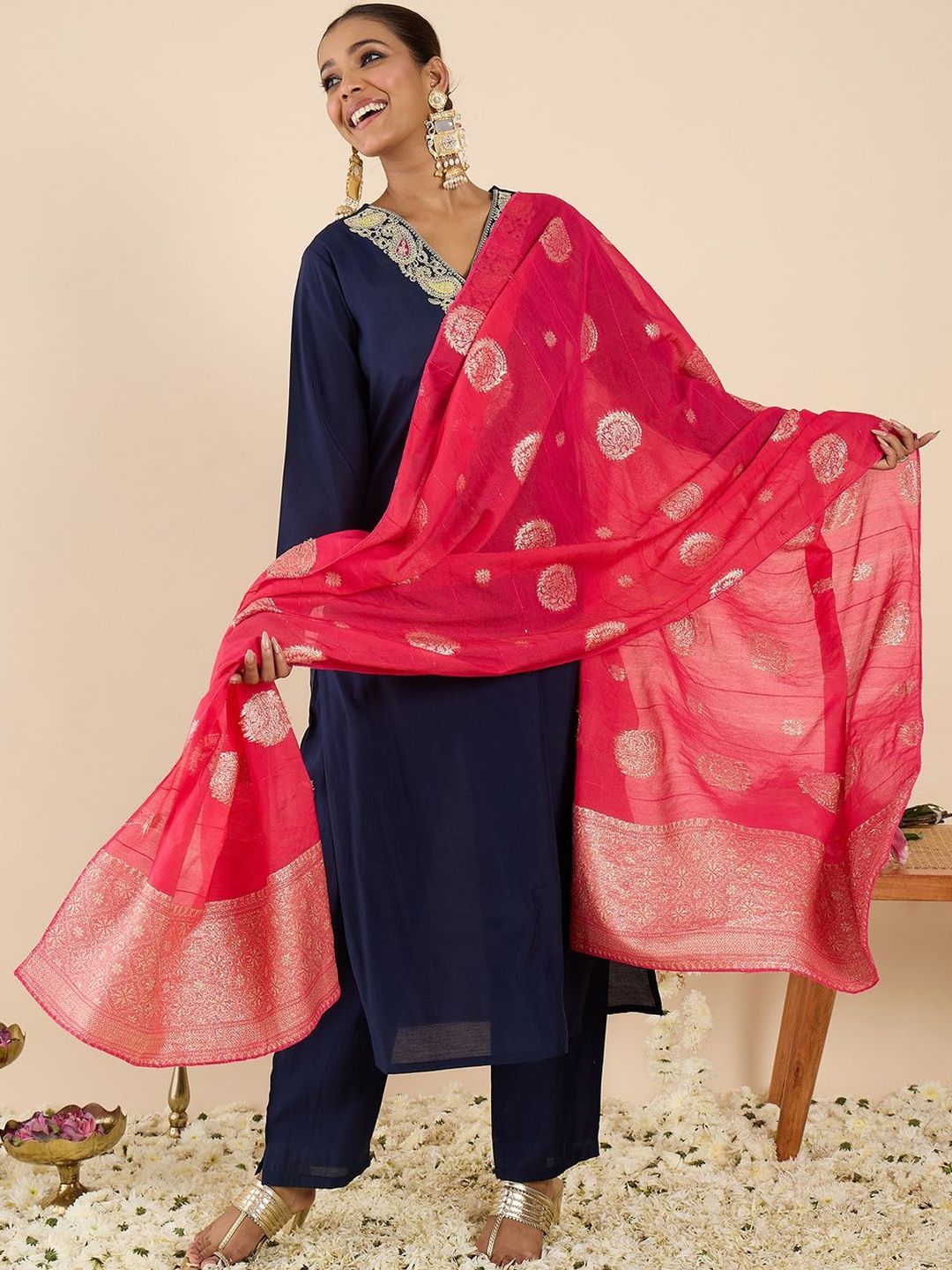 Women Ethnic Motifs Embroidered Regular Thread Work Kurta with Trousers & With Dupatta