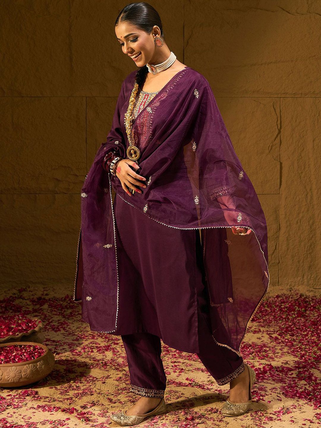 Dhiyona IE Burgundy Floral Embroidered Straight Kurta with Trousers & Dupatta
