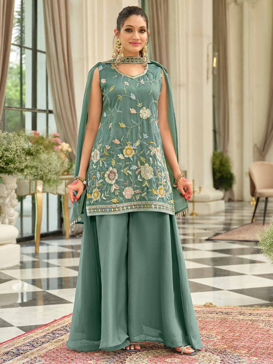 Women Floral Embroidered Regular Thread Work Kurta with Palazzos & Dupatta