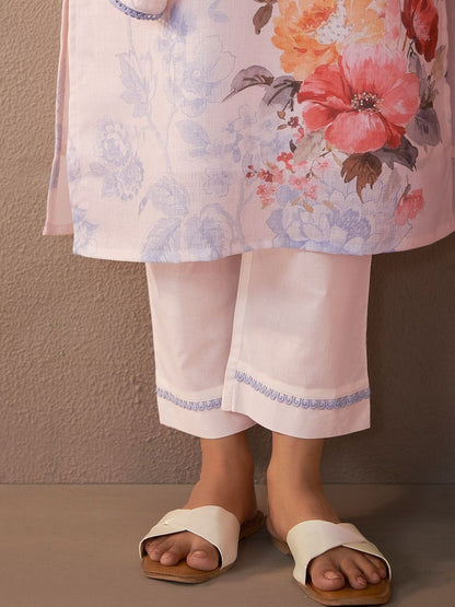 Women Floral Printed Regular Linen Kurta with Trousers & With Dupatta
