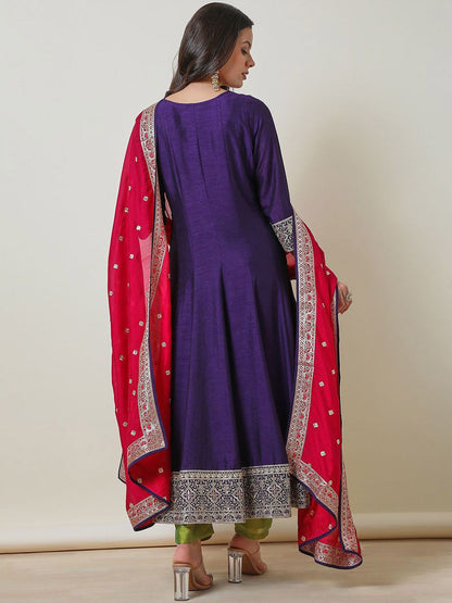Dhiyona SO Women's Purple Ethnic Motifs Embroidered Zari A-Line Kurta With Trousers & Dupatta