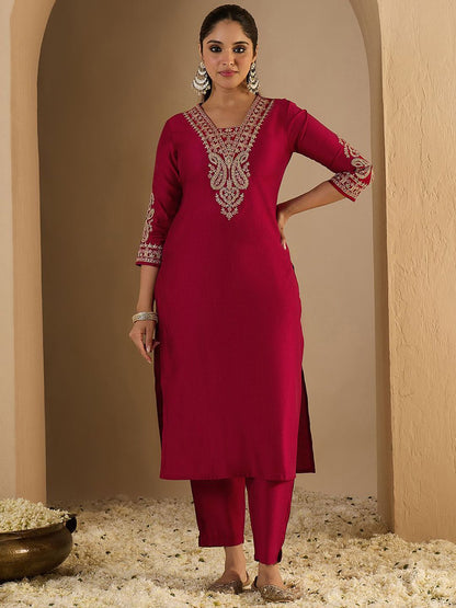 Dhiyona IE Women's Women Ethnic Motifs Embroidered Regular Liva Straight Kurta with Trousers