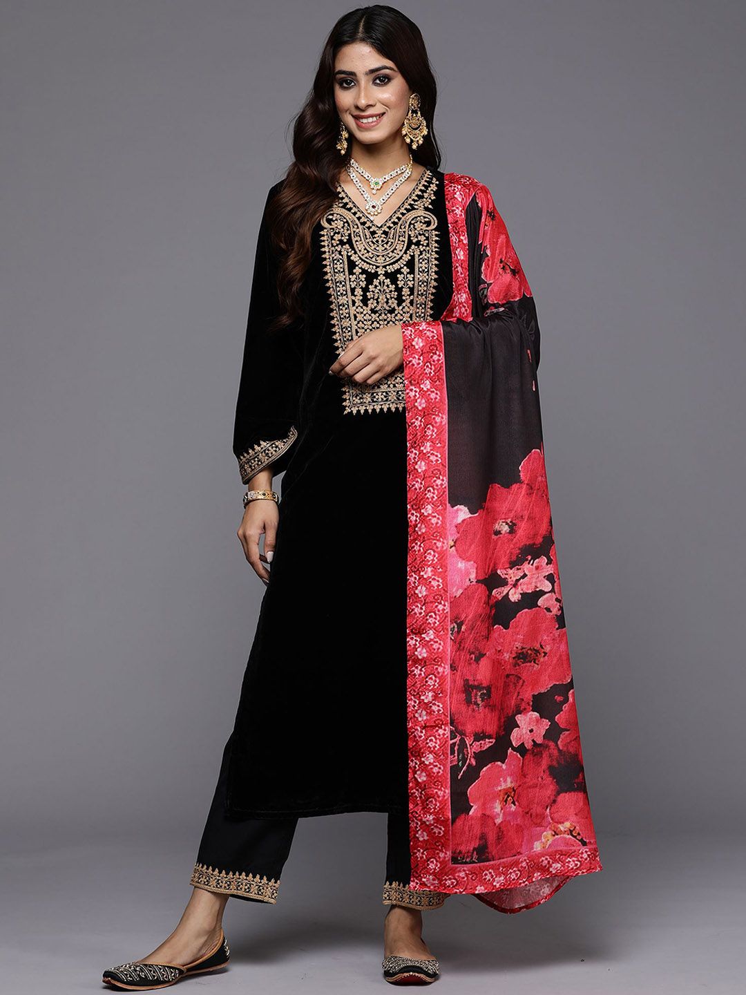 Floral Yoke Design Sequinned Velvet Straight Kurta With Trousers & Dupatta