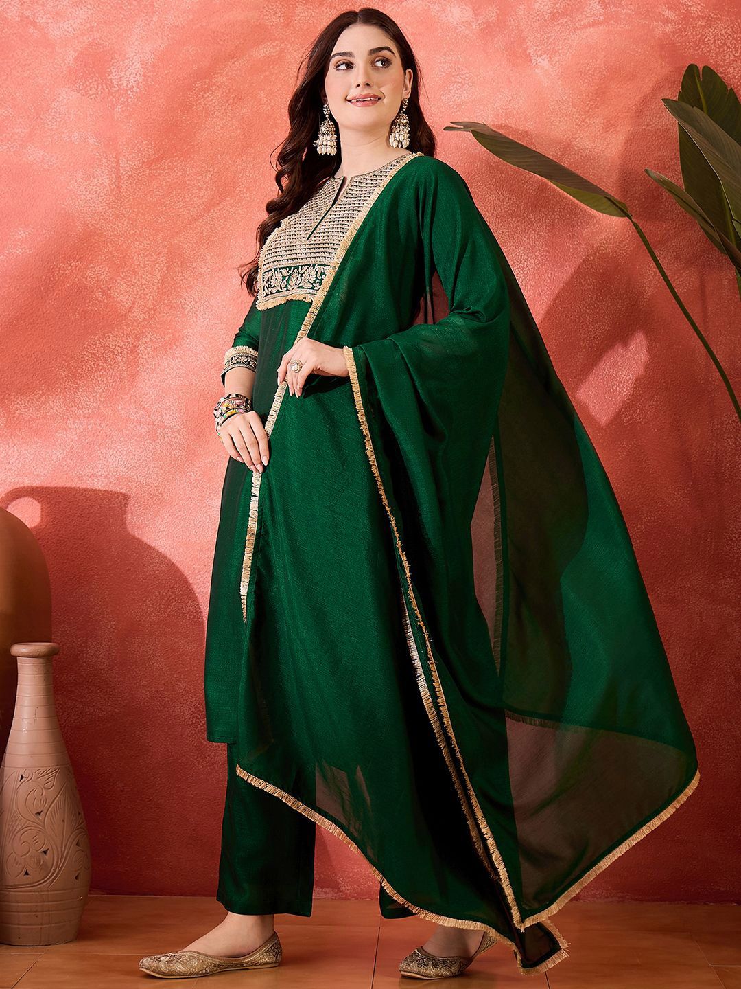 Dhiyona SN Women's Zari & Sequin Cording Embroidered Straight Kurta & Trousers With Dupatta