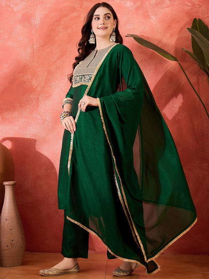 Dhiyona SN Women's Zari & Sequin Cording Embroidered Straight Kurta & Trousers With Dupatta