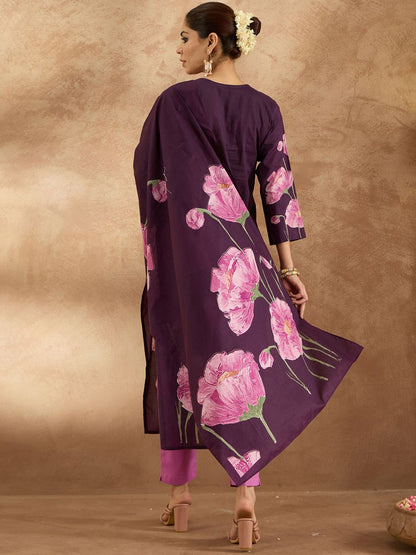 Dhiyona IE Women Floral Printed Regular Pure Cotton Kurta with Trousers & With Dupatta