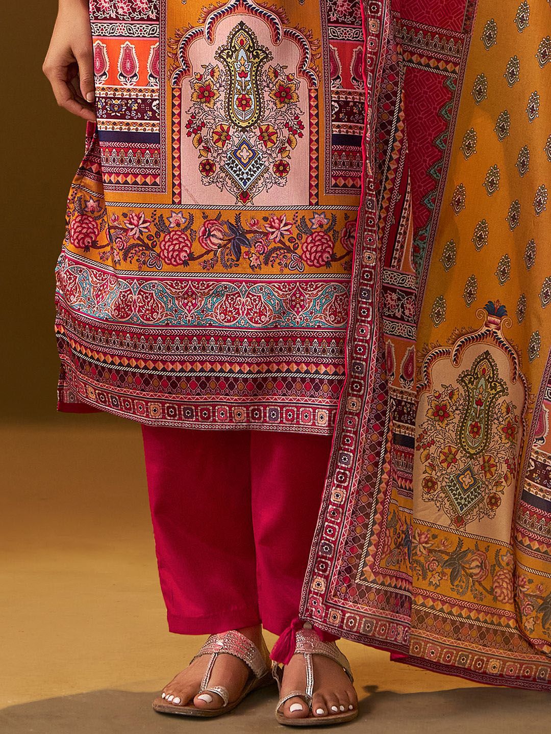 Ethnic Motifs Printed Thread Work Straight Kurta With Trousers & Dupatta