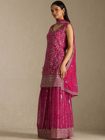 Dhiyona SO Women's Women Bandhani Embroidered Kurta with Sharara & Dupatta