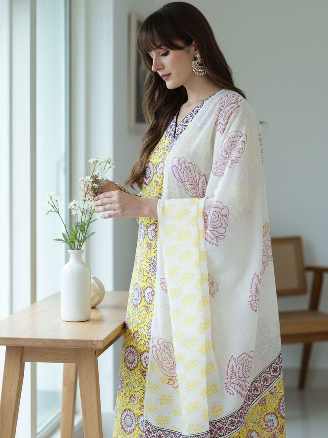 Floral Printed Pure Cotton Straight Kurta With Trousers & Dupatta
