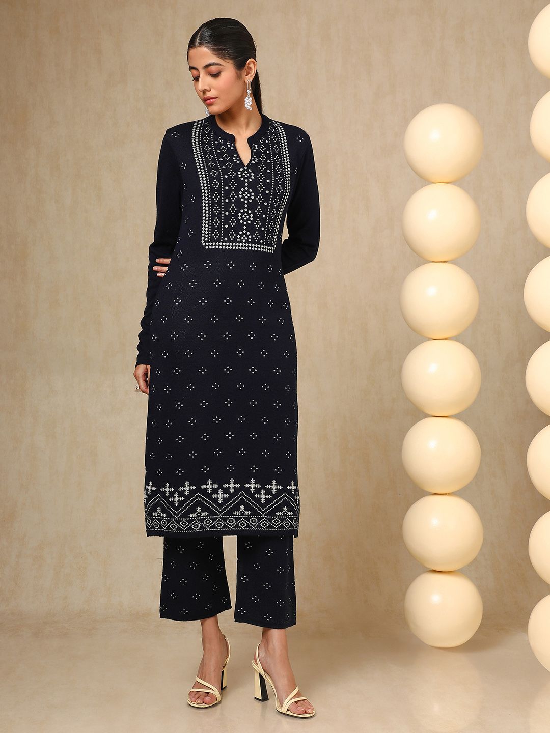 Dhiyona SO Women's Navy Blue Floral Woven Design Mandarin Collar Acrylic Straight Kurta With Trouser